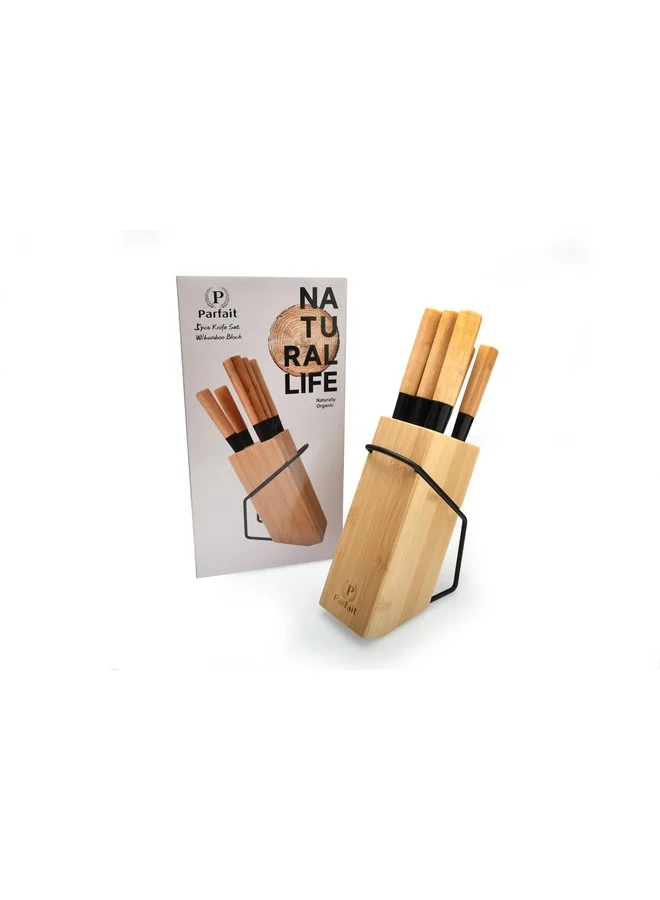 PARFAIT 5-Piece Kitchen Knife Set with Bamboo Block Brown and Black 36 x 8.5 x 18.5 cm N-A532BA4080