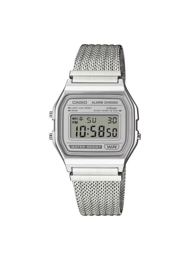 CASIO Vintage Digital Unisex Watch A158WEM-7DF, 36.8 mm Silver Dial, Chrome-Plated Resin Case & Stainless Steel Mesh Bracelet, Water-Resistant - Image 1