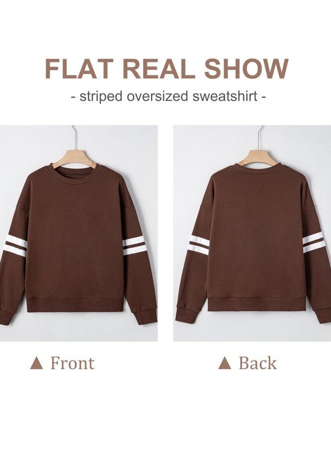 SELINK Womens Varsity Striped Oversized Sweatshirt Crewneck Long Sleeve Casual Fashion Pullover Top Fall Outfits, Z59 Coffee, S - Image 2