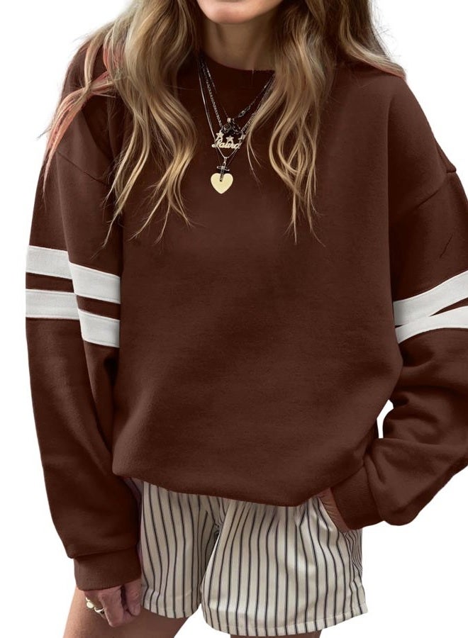 SELINK Womens Varsity Striped Oversized Sweatshirt Crewneck Long Sleeve Casual Fashion Pullover Top Fall Outfits, Z59 Coffee, S - Image 1