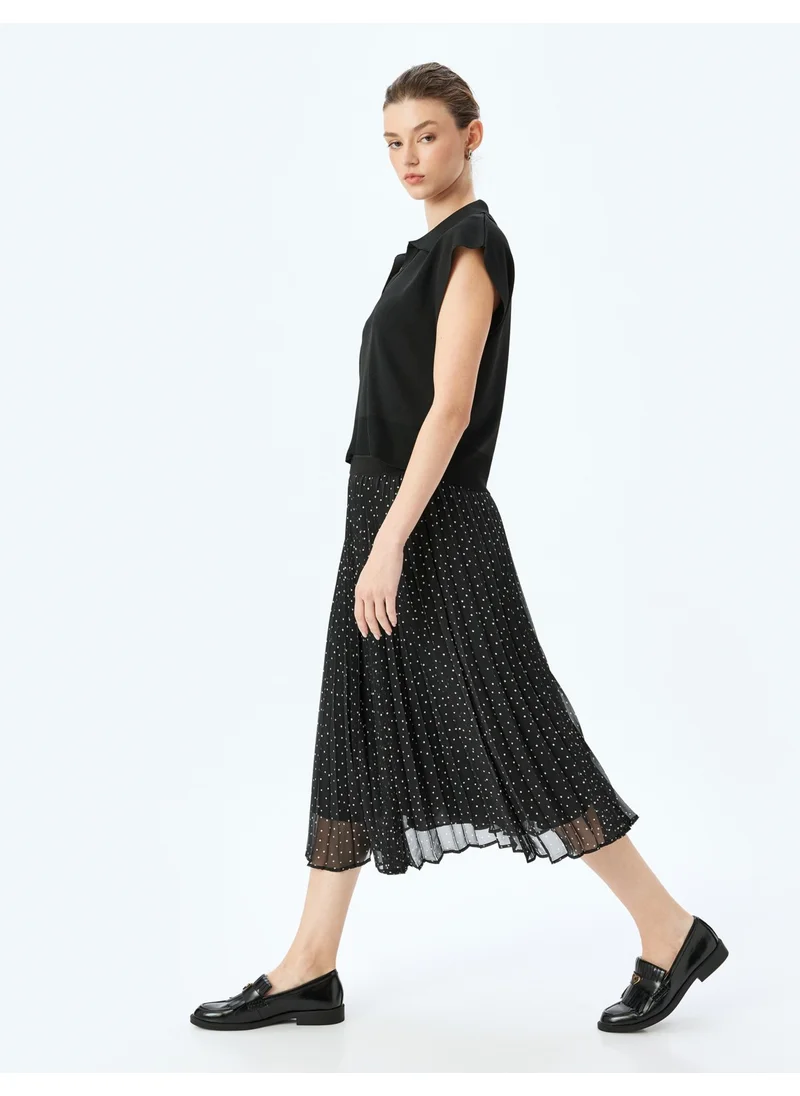 KOTON Cotton Lined High Waist Polka Dot Midi Length Pleated Chiffon Skirt