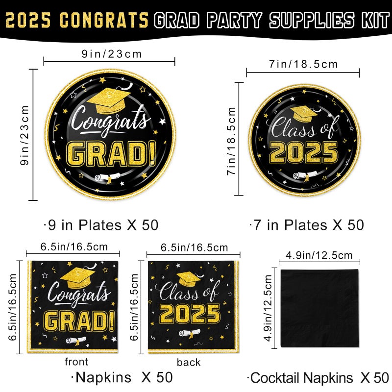 Oigco Graduation Plates and Napkins 2025 Graduation Party Supplies Congrats Grad Disposable Paper Plates Cocktail Napkins Luncheon Napkins for Black and Gold Graduation Party Decorations  Serve 50 - Image 2
