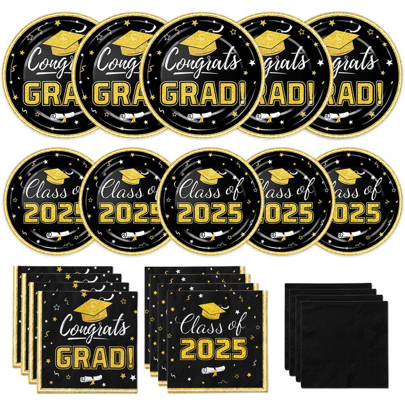 Oigco Graduation Plates and Napkins 2025 Graduation Party Supplies Congrats Grad Disposable Paper Plates Cocktail Napkins Luncheon Napkins for Black and Gold Graduation Party Decorations  Serve 50 - Image 1