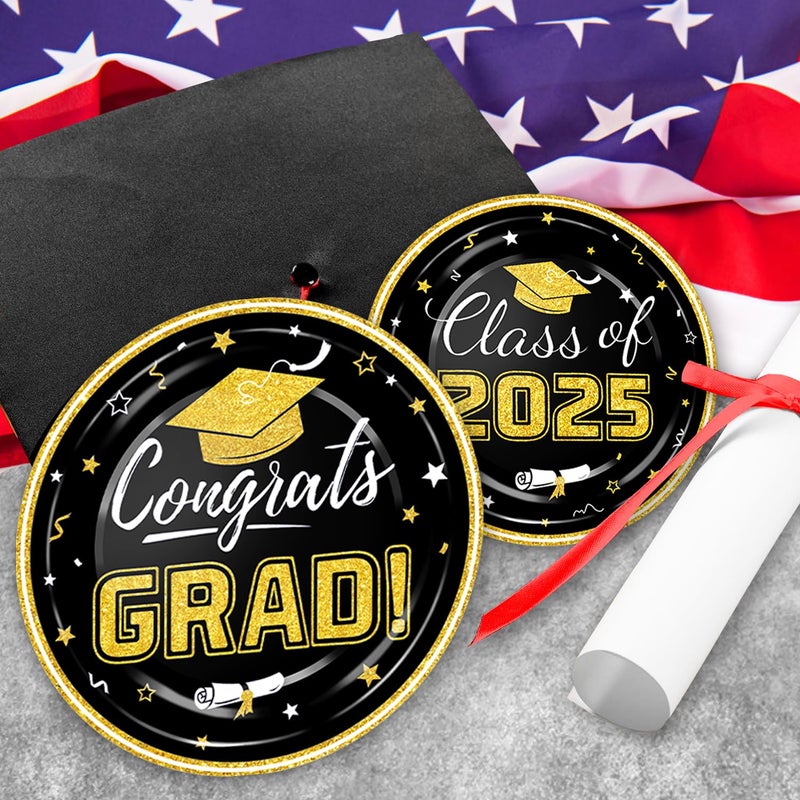 Oigco Graduation Plates and Napkins 2025 Graduation Party Supplies Congrats Grad Disposable Paper Plates Cocktail Napkins Luncheon Napkins for Black and Gold Graduation Party Decorations  Serve 50 - Image 3