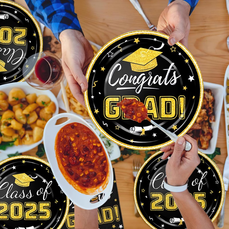 Oigco Graduation Plates and Napkins 2025 Graduation Party Supplies Congrats Grad Disposable Paper Plates Cocktail Napkins Luncheon Napkins for Black and Gold Graduation Party Decorations  Serve 50 - Image 5