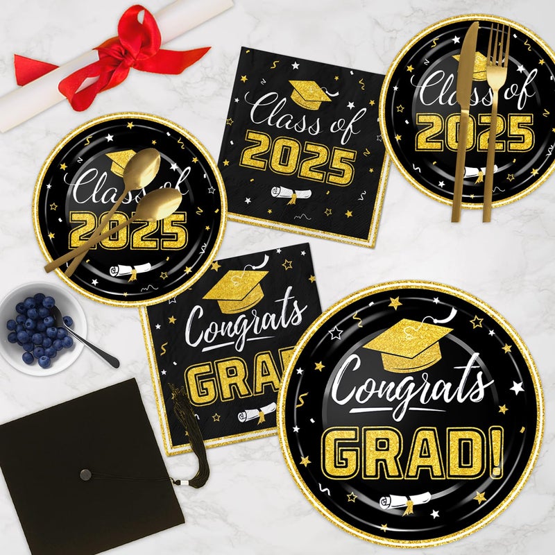 Oigco Graduation Plates and Napkins 2025 Graduation Party Supplies Congrats Grad Disposable Paper Plates Cocktail Napkins Luncheon Napkins for Black and Gold Graduation Party Decorations  Serve 50 - Image 4