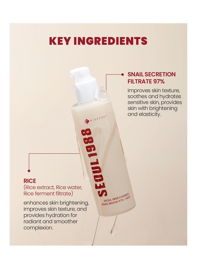 K-SECRET K-SECRET SEOUL 1988 Essence : Snail Mucin 97% + Rice, 100ml/3.38fl.oz. | 97% Snail Secretion with Rice Ferment Filtrate and Rice Extract for Skin Hydration, Soothing | Korean Skincare - Image 4