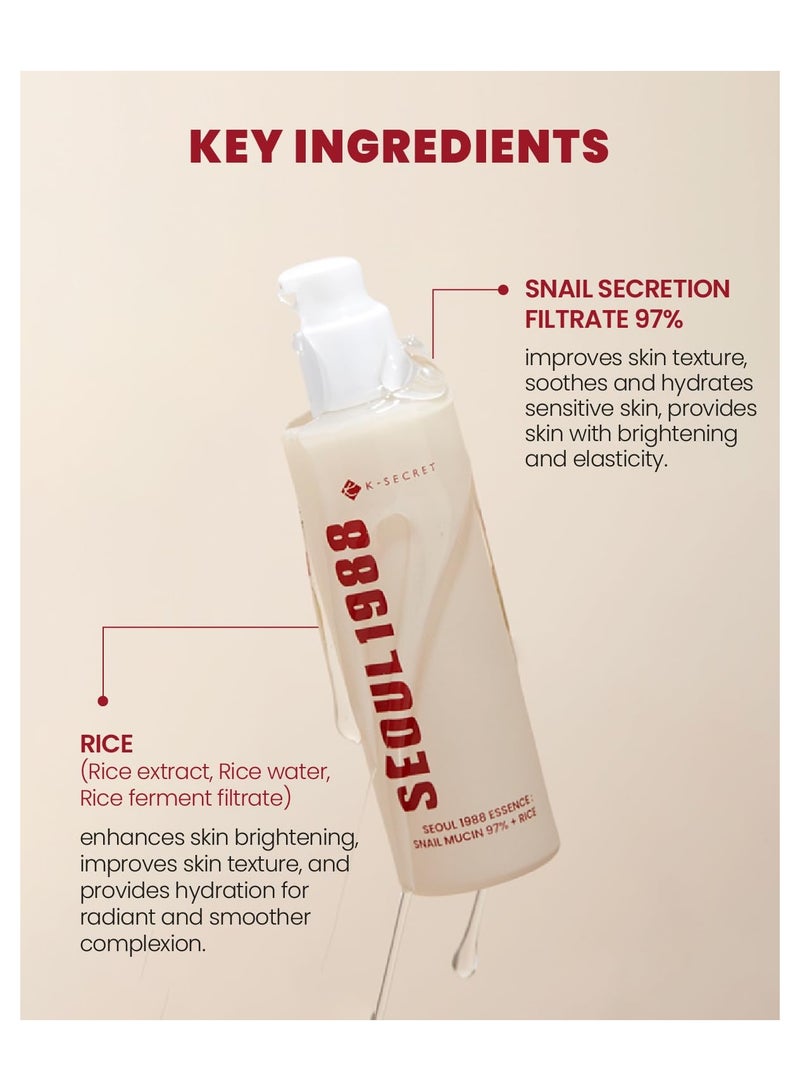 K-SECRET K-SECRET SEOUL 1988 Essence : Snail Mucin 97% + Rice, 100ml/3.38fl.oz. | 97% Snail Secretion with Rice Ferment Filtrate and Rice Extract for Skin Hydration, Soothing | Korean Skincare - Image 5