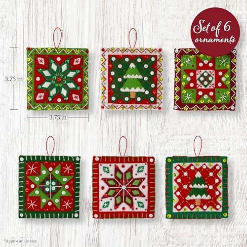 Bucilla Felt Applique 4 Piece Ornament Making Kit Holiday Quilt Squares Perfect for DIY Arts and Crafts 89753E - Image 3
