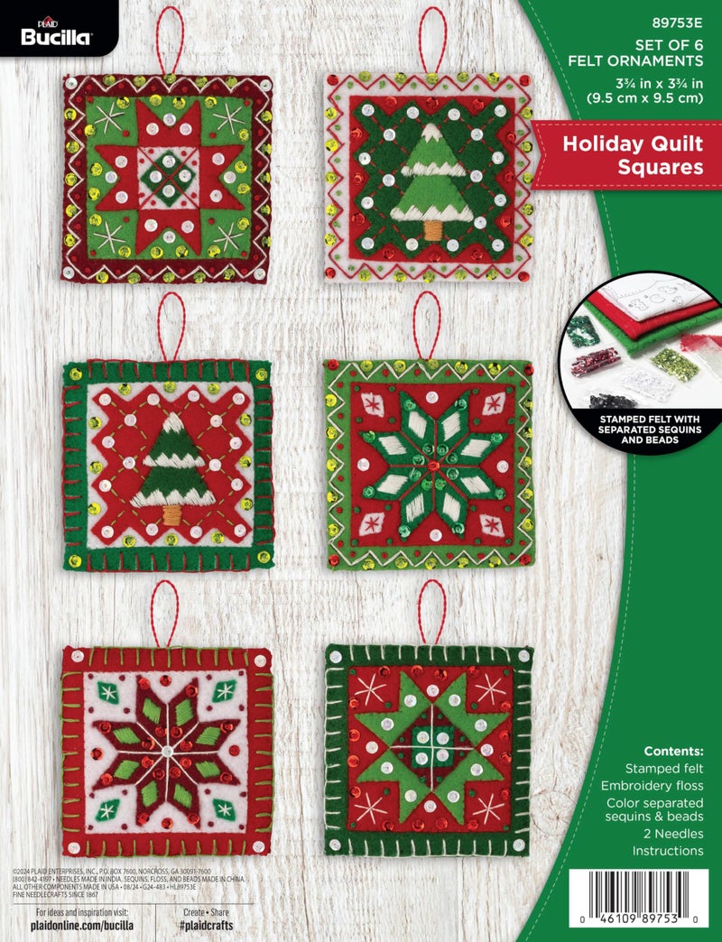 Bucilla Felt Applique 4 Piece Ornament Making Kit Holiday Quilt Squares Perfect for DIY Arts and Crafts 89753E - Image 2