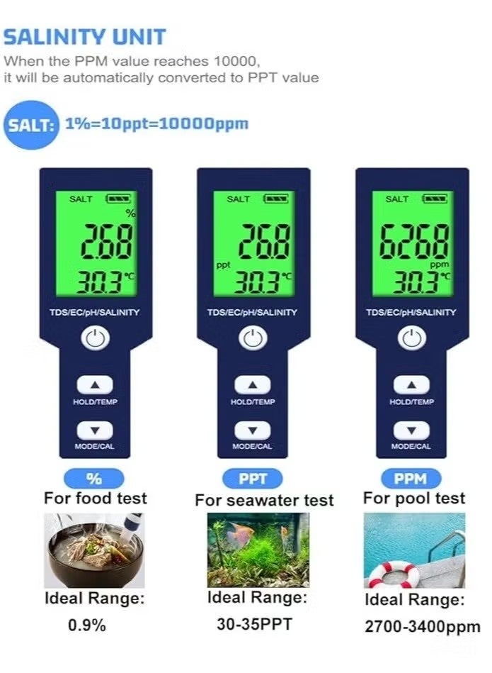 Beauenty 5 in 1 PH Meter,PH/TDS/EC/Salinity/Temp Meter for Water, High Accuracy Water Testing Kits for Drinking Water, Pools, Fish Tank, and Hydroponics,with 3 PH Buffer Powders - Image 2