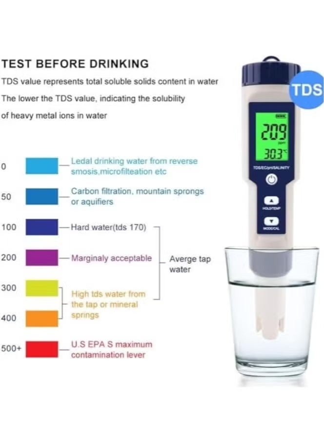 Beauenty 5 in 1 PH Meter,PH/TDS/EC/Salinity/Temp Meter for Water, High Accuracy Water Testing Kits for Drinking Water, Pools, Fish Tank, and Hydroponics,with 3 PH Buffer Powders - Image 3