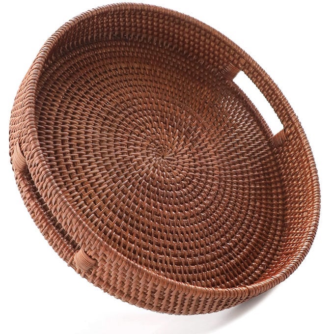 118 HandWoven Round Rattan Serving Tray Decorative Wicker Trays with Handles for Coffee Table BrownM