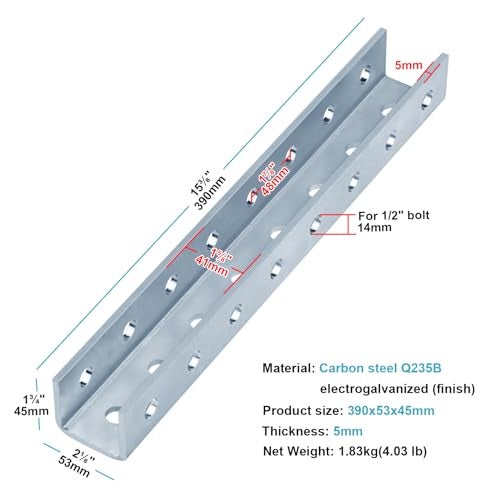 eoere 2 PCS 15-3/8" U Shaped Splice Fittings Strut Connector, External Channel Coupler, Fit 1-5/8" Strut Channel, Steel Electrogalvanized, 6 Gauge - Image 2