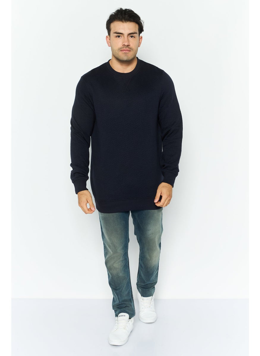 Threadbare Men Crew Neck Long Sleeve Textured Sweatshirt, Navy  - Image 2