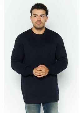 Threadbare Men Crew Neck Long Sleeve Textured Sweatshirt, Navy  - Image 1