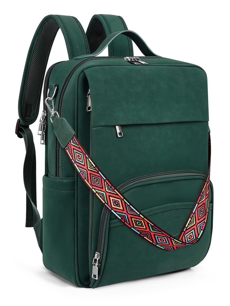 SYTRAH Leather Laptop Backpack 156 Inch Business Computer Bag Designer College Backpack Travel Backpack with Colorful Shoulder Bag Strap Green - Image 2