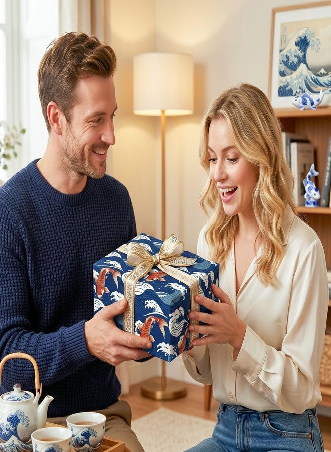 لفة ورق تغليف هدايا من ليوبيلون بتصميم سمكة الكوي، مقاس 17 بوصة × 16.4 قدم، ورق تغليف هدايا ياباني بتصميم أمواج تقليدية، لون أزرق داكن، مناسب لأعياد الميلاد، وحفلات الزفاف، والعطلات، والأعمال اليدوية. - Image 5