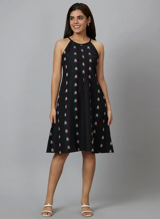 globus Globus Women Black Aztec Printed Cotton Strappy A-Line Knee-Length Dress