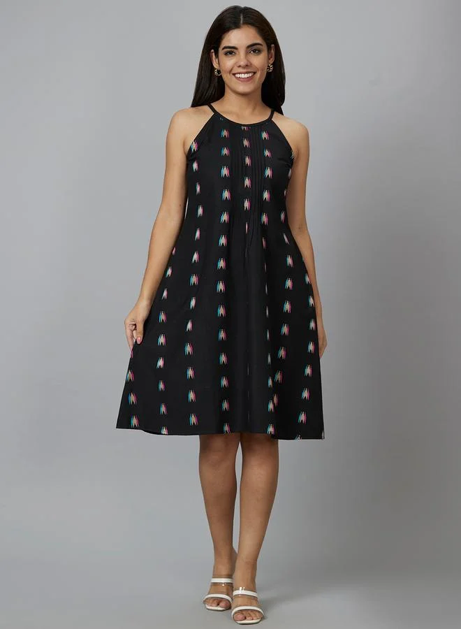 globus Globus Women Black Aztec Printed Cotton Strappy A-Line Knee-Length Dress