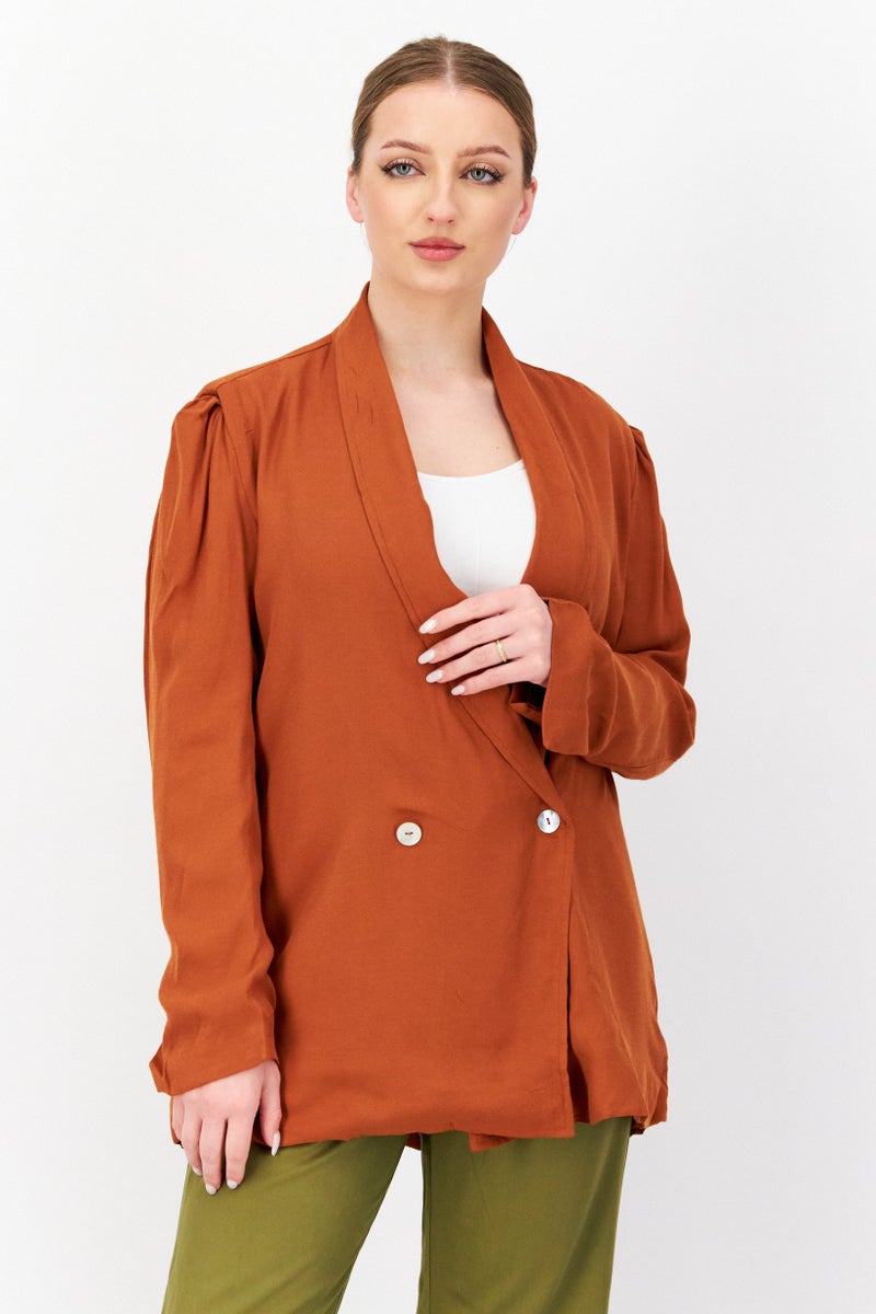 KAYFI Women Plain Long Sleeve Shirt Jacket, Brown  - Image 1
