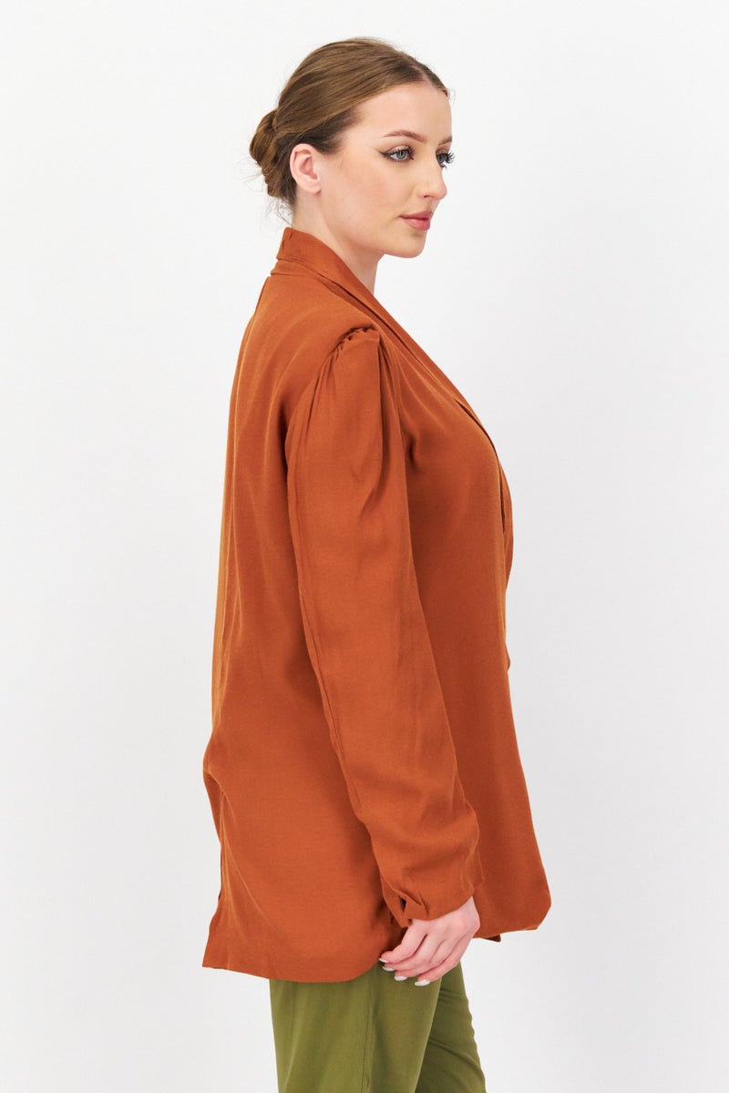 KAYFI Women Plain Long Sleeve Shirt Jacket, Brown  - Image 3