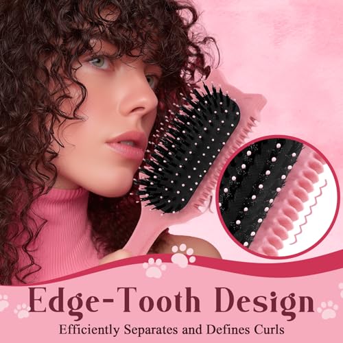 Tcsxady Curly Hair Brush Curl Defining Brush for Effortless Curly Hair Care Funny Cat Ear Type Curl Brush Suitable for Wet Dry HairWomen and MenReduces Frizz Pink - Image 3