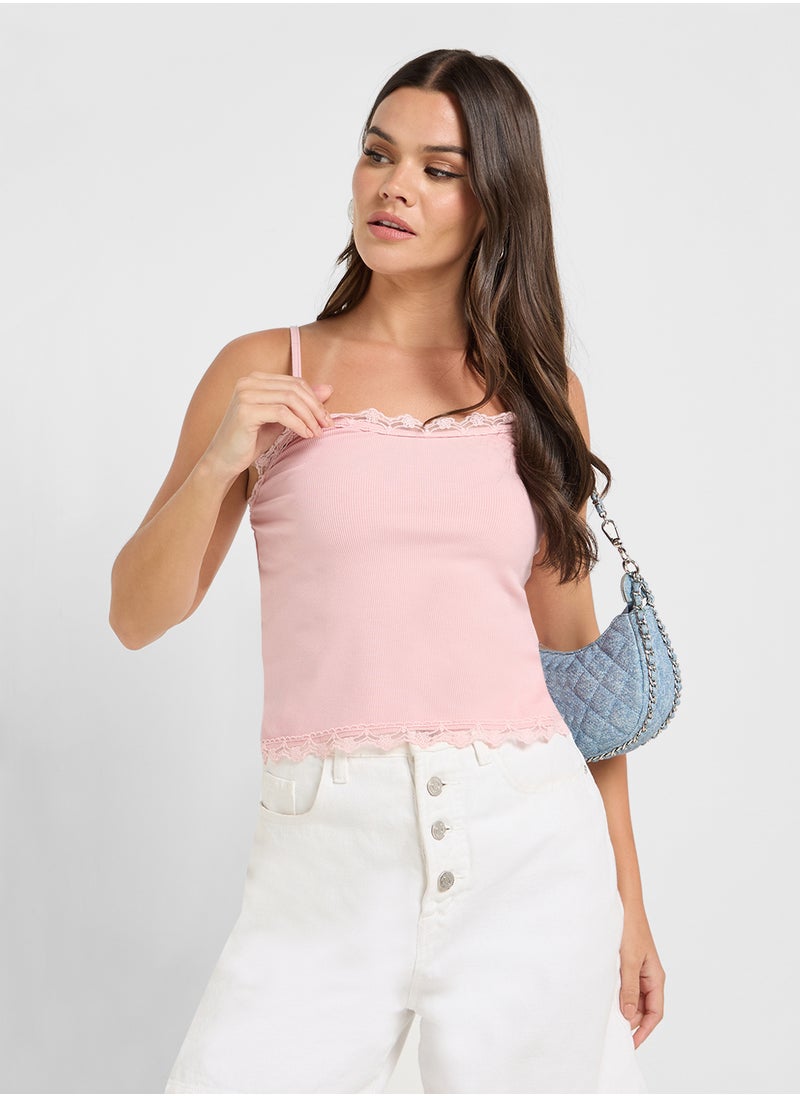 Ginger Basics Ribbed Fitted Lace Cami Top  - Image 1