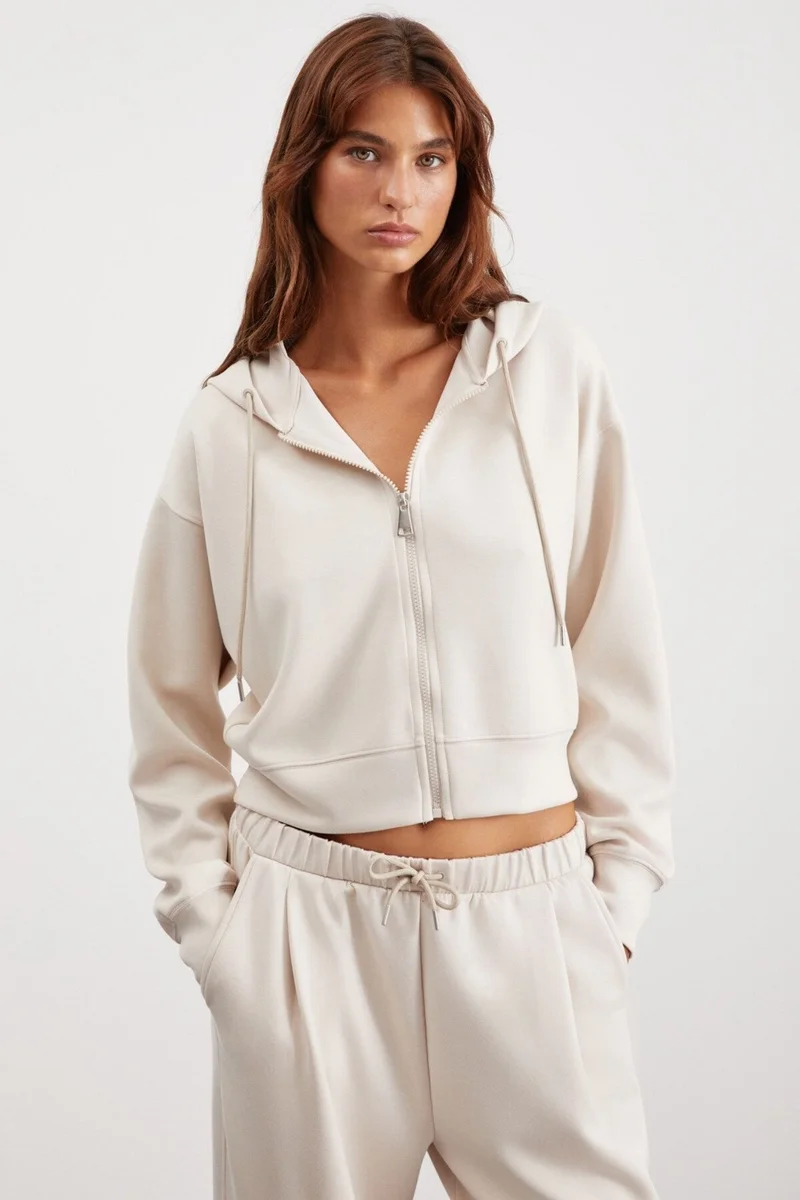 GRIMELANGE Jill Women's Relaxed Fit Comfortable Pattern Hooded Zippered Knitted Crop Vanilla Sweatshirt