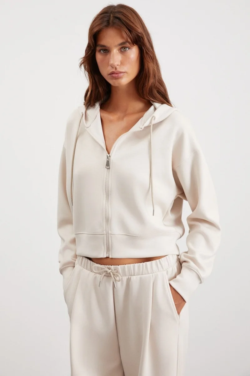 GRIMELANGE Jill Women's Relaxed Fit Comfortable Pattern Hooded Zippered Knitted Crop Vanilla Sweatshirt