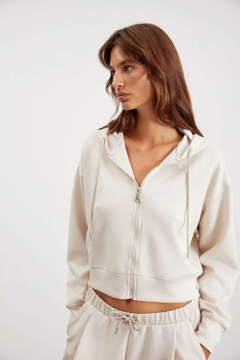 GRIMELANGE Jill Women's Relaxed Fit Comfortable Pattern Hooded Zippered Knitted Crop Vanilla Sweatshirt