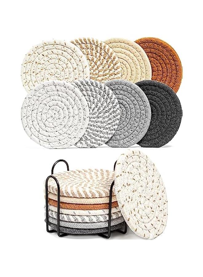 Captaintech 8 Pcs Drink Coasters with Holder, 8 Colors Absorbent Coasters for Drinks Minimalist Cup Coasters Cotton Coaster Set Woven Coasters for Coffee Table Home Decor Bar Housewarming Gift, 4.3 Inch  - Image 1