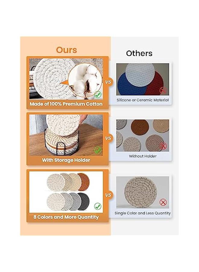 Captaintech 8 Pcs Drink Coasters with Holder, 8 Colors Absorbent Coasters for Drinks Minimalist Cup Coasters Cotton Coaster Set Woven Coasters for Coffee Table Home Decor Bar Housewarming Gift, 4.3 Inch  - Image 4
