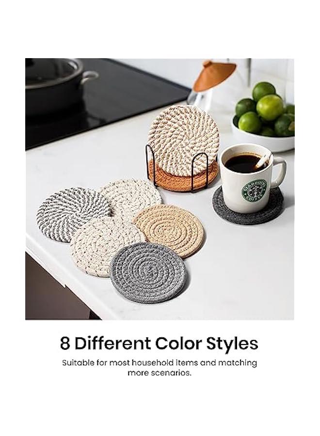 Captaintech 8 Pcs Drink Coasters with Holder, 8 Colors Absorbent Coasters for Drinks Minimalist Cup Coasters Cotton Coaster Set Woven Coasters for Coffee Table Home Decor Bar Housewarming Gift, 4.3 Inch  - Image 5