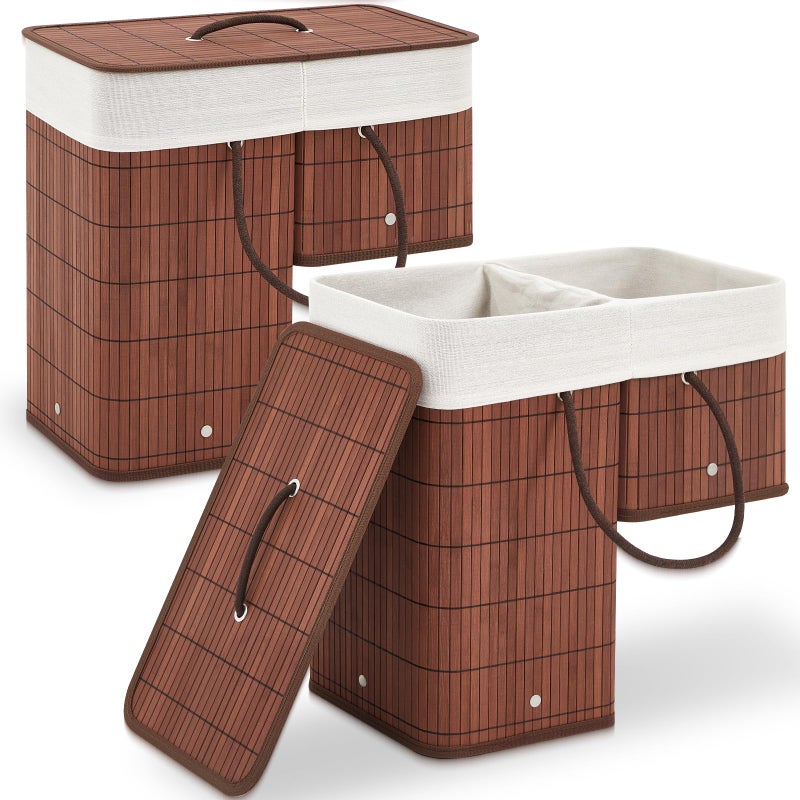 GlikCeil 2 Stair Basket with Lid and Handles, Foldable Staircase Baskets for Carpeted and Wooden Stairs, Bamboo Step Storage Organizer for Toys Clothes Books (Brown) - Image 1