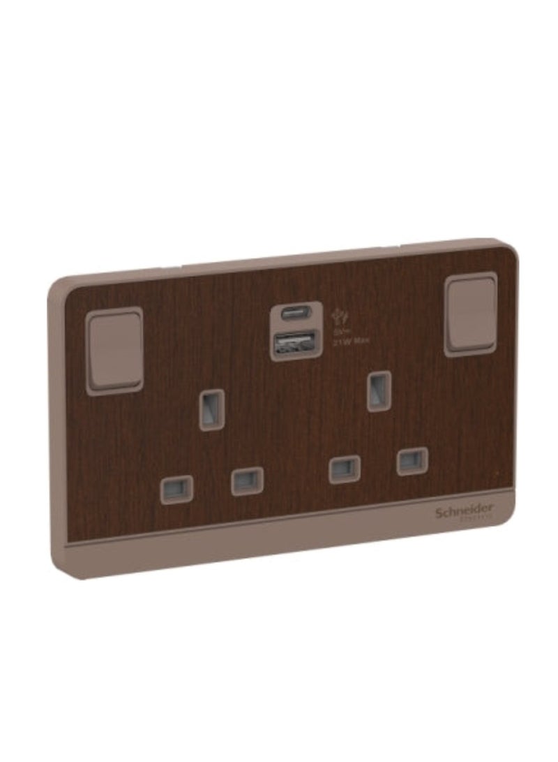 Schneider Electric AvatarOn 2-Gang 13A Switched Socket with USB Charger, Type A+C, 21W – Dark Wood
