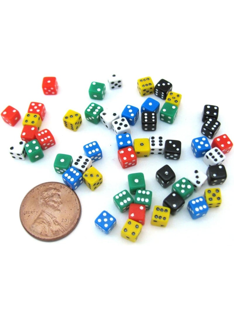 Koplow Games 1816x 50 Six Sided D6 .197" Die Small Tiny Mini Miniature Multicolored Dice, 5 mm, White/Black/Red/Green/Blue/Yellow, 5mm (Pack of 50) - Image 2