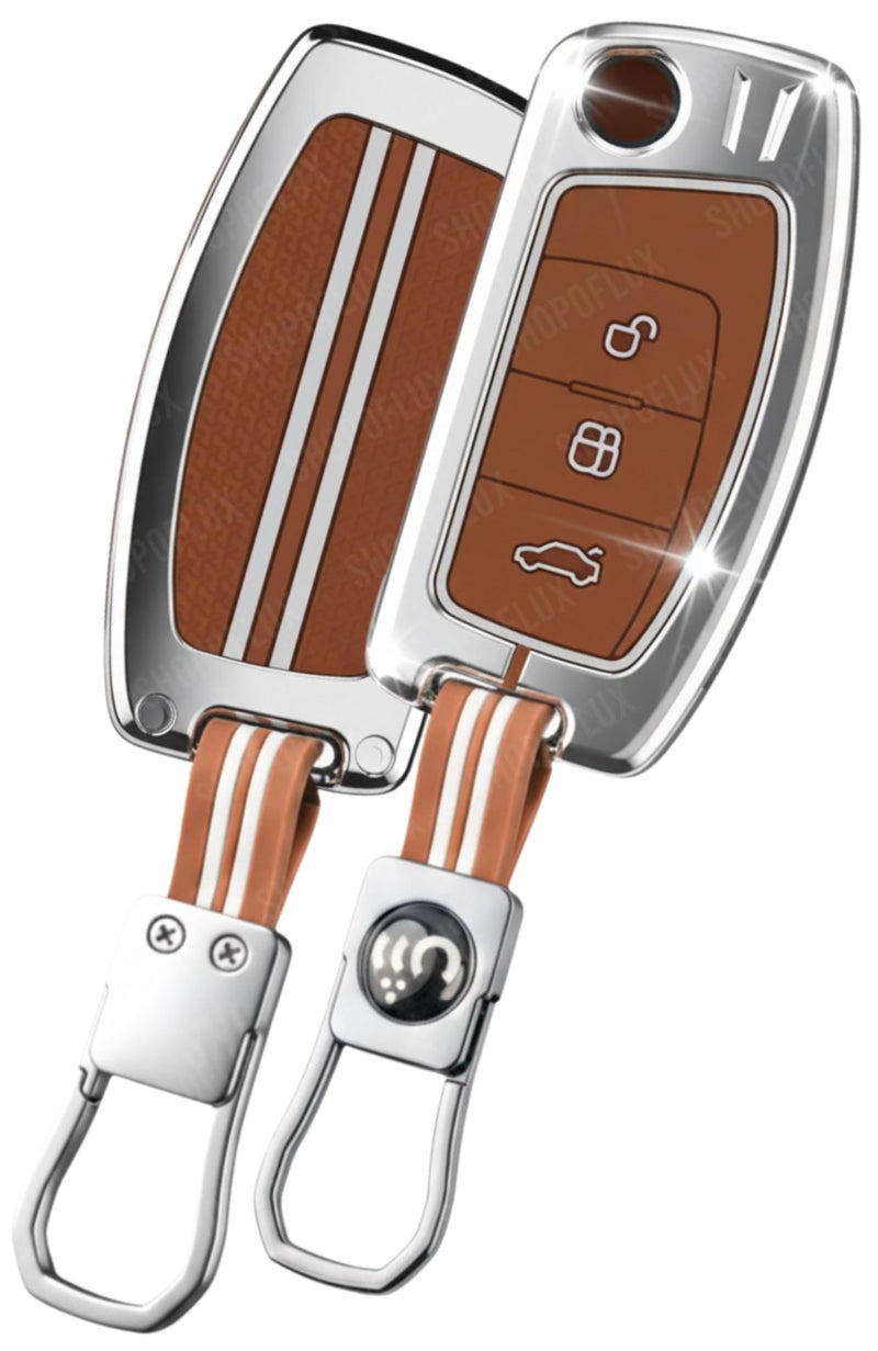 SHOPOFLUX Metal Key Cover Compatible for Ford Old Ecosport | Fiesta | Figo 3 Button Flip Key (Brown Silicone) - Image 1