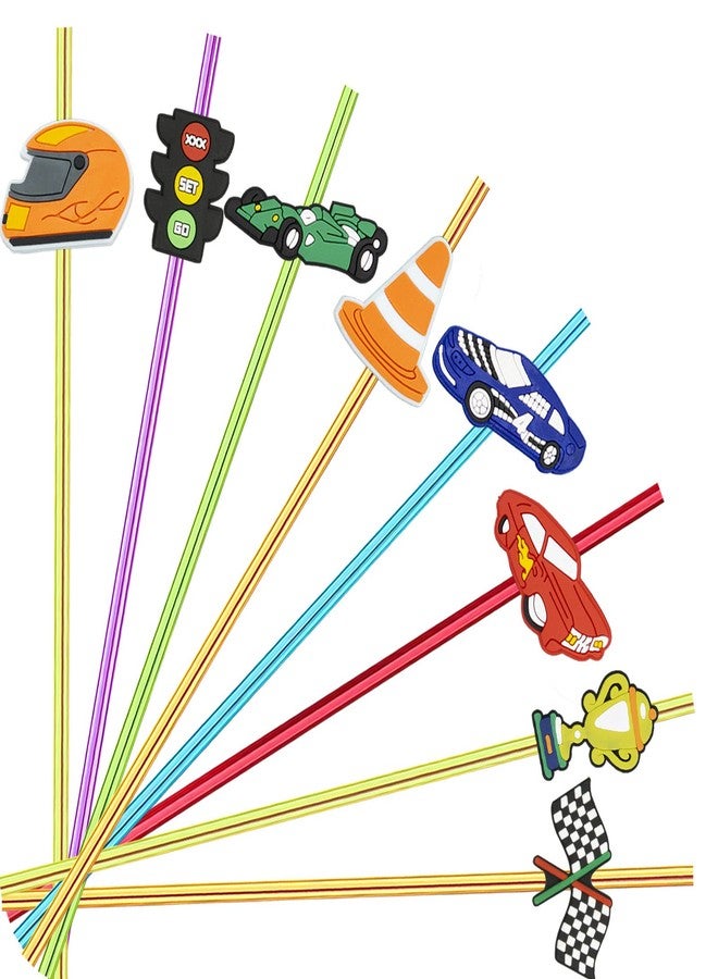 Meaxur 24 Pack Race Car Reusable Straws Kids Party Favors Birthday Speed Rally Racing Party Supplies Favor Drink Markers Bands 2 Cleaning Brushes 6 Colors Straws - Image 1