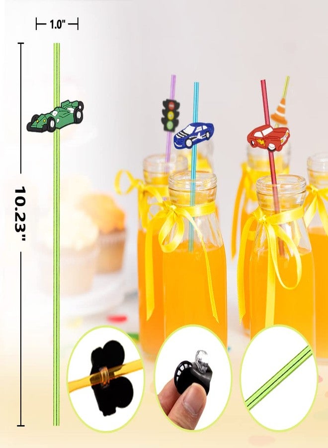 Meaxur 24 Pack Race Car Reusable Straws Kids Party Favors Birthday Speed Rally Racing Party Supplies Favor Drink Markers Bands 2 Cleaning Brushes 6 Colors Straws - Image 4