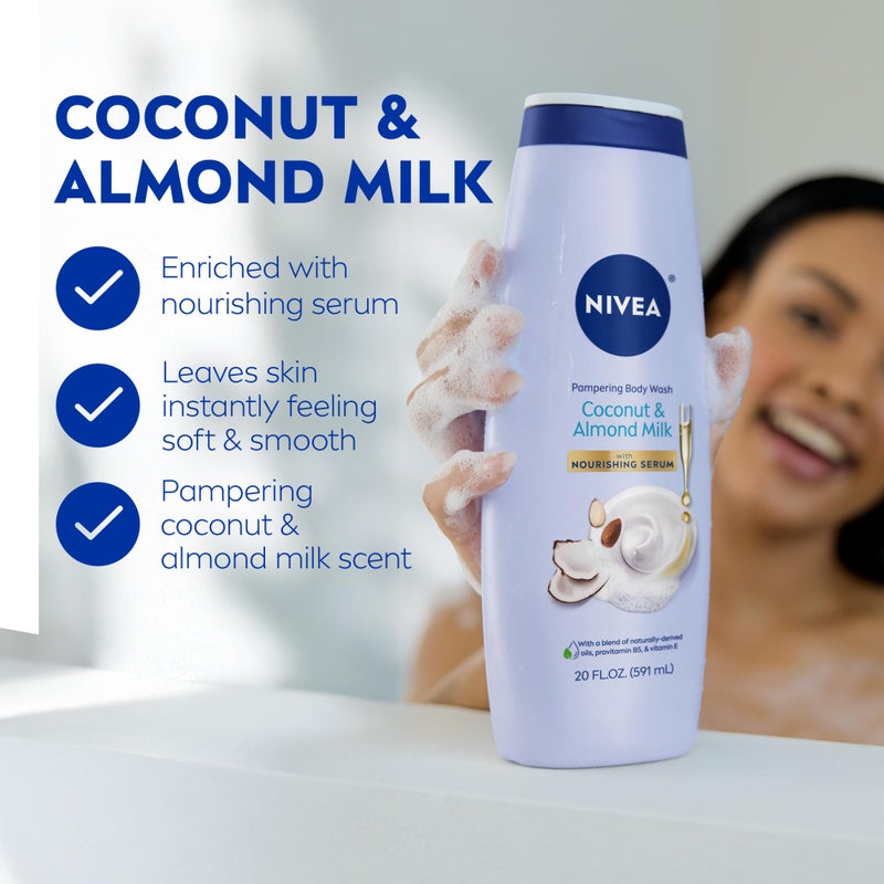 NIVEA Pampering Coconut and Almond Milk Body Wash with Nourishing Serum, Moisturizing Body Wash for Women, Enriched with Provitamin B5 and Vitamin E, 20 Fl Oz Bottle - Image 3