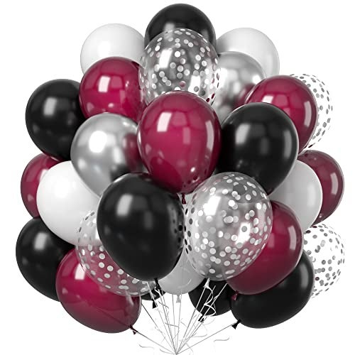 Teslite Balloons Burgundy Black Silver Wine Red Black Party Balloon Maroon Metallic Chrome Silver Balloons and Silver Confetti Helium Latex Balloons for Birthday Bridal Shower Wedding Party Decorations - Image 1