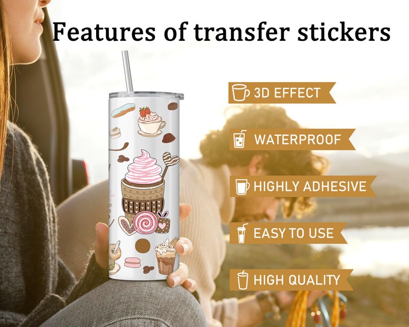 Rngmsi UV DTF Cup Wrap - 4 Sheets Coffee UV DTF Cup Wraps for 20 oz Tumbler, Milk Tea Uvdtf Decals, Drink Cake Ice Cream Rub on Transfer Stickers for Glass, DIY Waterproof Personalized Crafts - Image 3