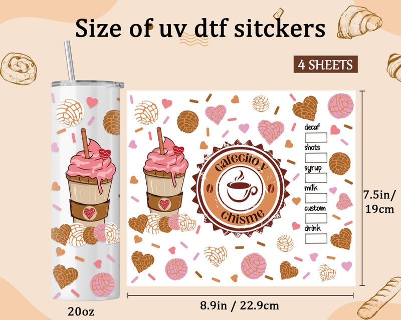 Rngmsi UV DTF Cup Wrap - 4 Sheets Coffee UV DTF Cup Wraps for 20 oz Tumbler, Milk Tea Uvdtf Decals, Drink Cake Ice Cream Rub on Transfer Stickers for Glass, DIY Waterproof Personalized Crafts - Image 2