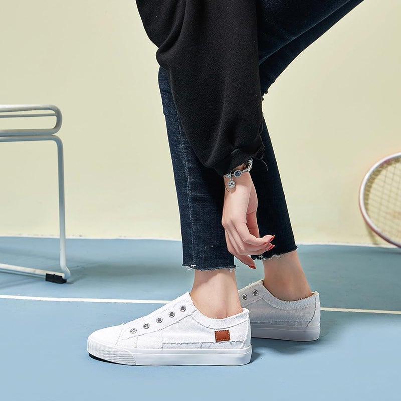 XRH Women's Slip on Shoes Non Slip Fashion Canvas Sneakers Low Top Casual Shoes(White,US9.5) - Image 3