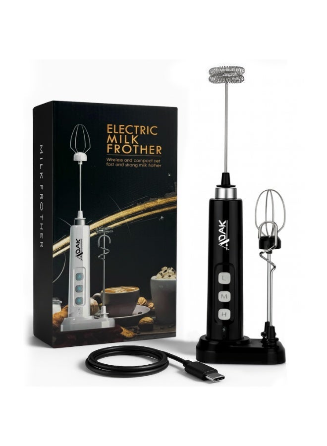 ADAK Electric Handheld Milk Frother, USB Rechargeable, White, Stainless Steel and Plastic, 2.5W, With Stand and Charging Base, for Coffee, Tea, Milk - Image 1