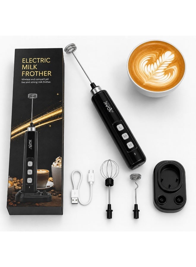 ADAK Electric Handheld Milk Frother, USB Rechargeable, White, Stainless Steel and Plastic, 2.5W, With Stand and Charging Base, for Coffee, Tea, Milk - Image 1