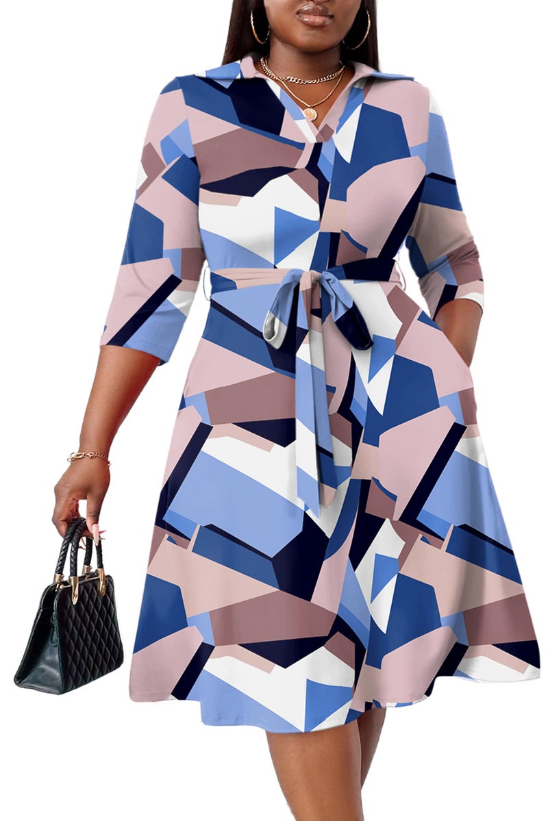FANDEE Plus Size Midi Dress for Women 2025 Casual Summer Sundress V-Neck 3/4 Sleeve A Line Dresses - Navy Blue Print 3XL - Image 1