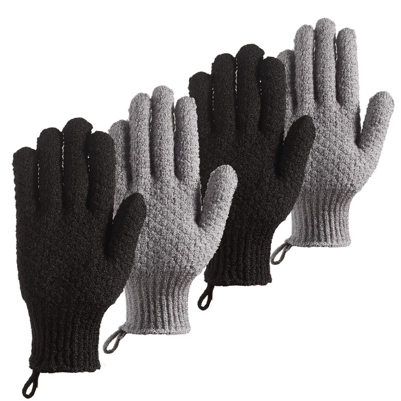 CLEEDY Bath Exfoliating Gloves - 4 Pcs Lengthened and Large Scrubbing Gloves for Shower, Spa, Massage - Scrub Mitts for Body, Face, Hand and Foot (Black and Gray) - Image 1