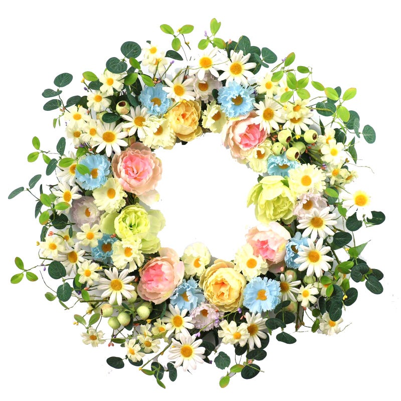 Jinghong JINGHONG 24 Artificial Flower WreathDaisy and Rose Wreath Colorful SpringSummer Floral Wreaths for Front Door Wall Window and Holiday Festival Party Banquet Wedding Decor 